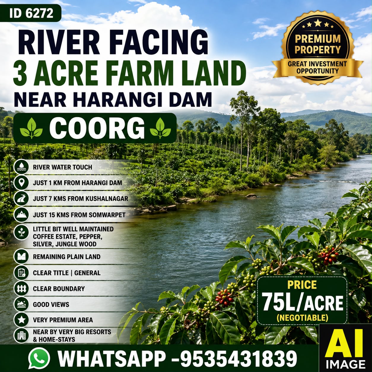 🆔 *PROPERTY ID – 6272* 🌿🏞️ *TOTAL 3 ACRES FOR SALE – NEAR HARANGI DAM, COORG*🌿